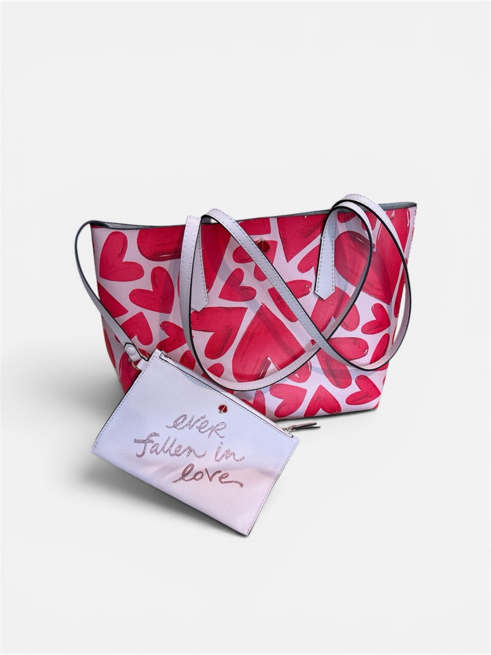 Kate Spade New York Heart Print Tote Bag with Matching Zip Wristlet Pink Red - Picture 7 of 7